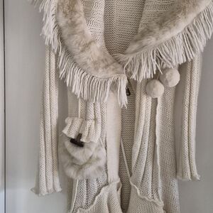 Cozy Cream Knit Long French Cardigan with Faux Fur Trim